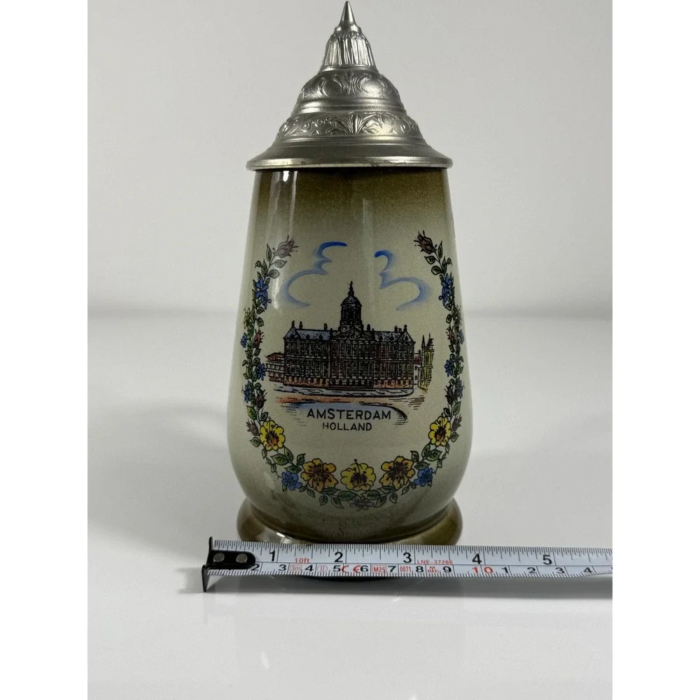 Vintage Original King Handmade Ceramic Beer Stein with Pewter Lid‎